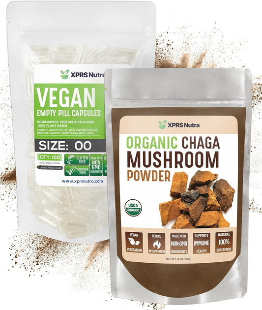 Organic Chaga Powder 4 oz with 100 Size 00 Empty Capsules Bundle by XPRS Nutra
