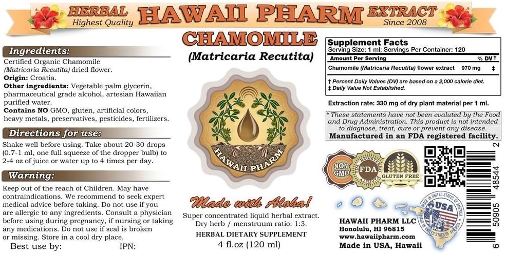 Organic Chamomile Liquid Extract Tincture Supplement - 32 oz Hawaii Pharm Unfiltered