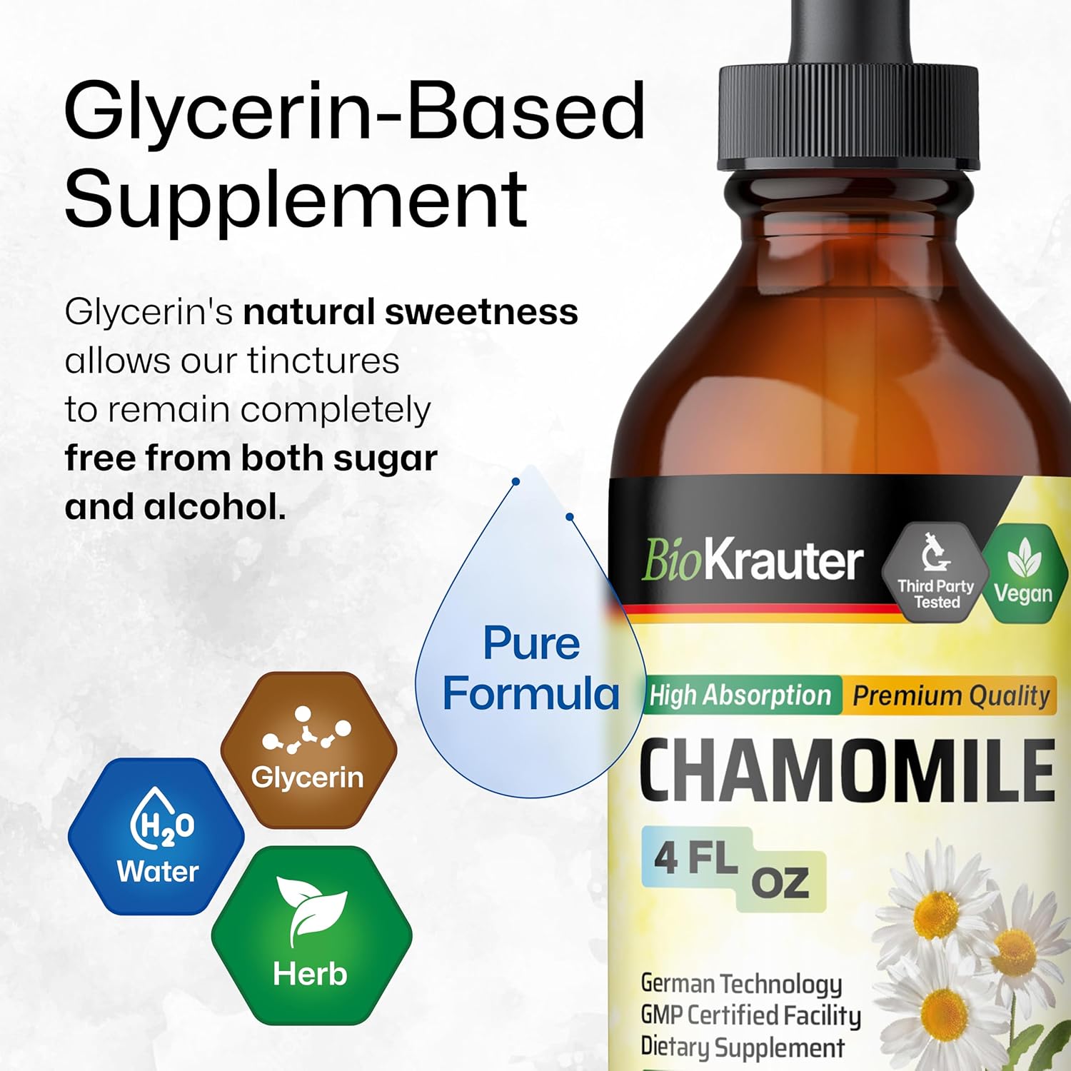 Organic Chamomile Tincture Extract for Relaxation and Calmness - Vegan Supplement, Alcohol and Sugar-Free - 4 Fl.Oz.