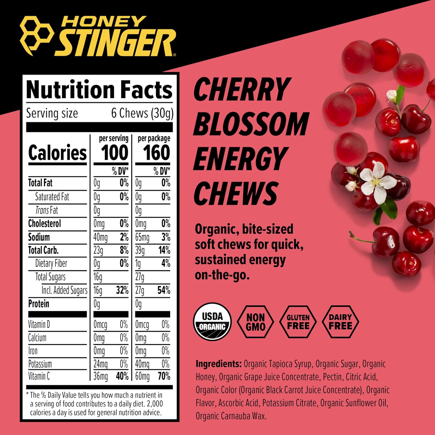 Organic Cherry Blossom Energy Chews for Exercise, Running & Performance | Gluten Free, Caffeine Free | Sports Nutrition for Home & Gym | 12 Pack, 21.6 oz