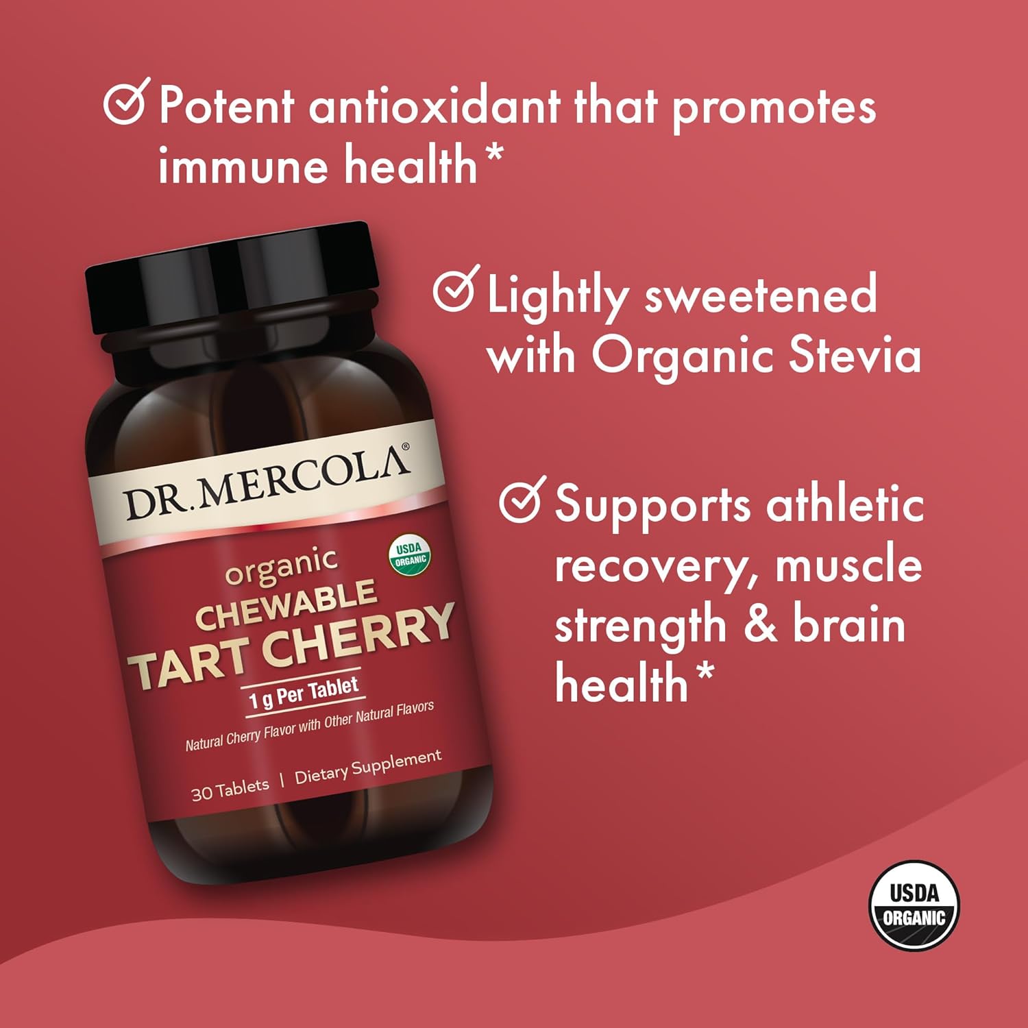Organic Chewable Tart Cherry Capsules - Dr. Mercola, 30 Servings, Non-GMO, Gluten-Free, Soy-Free