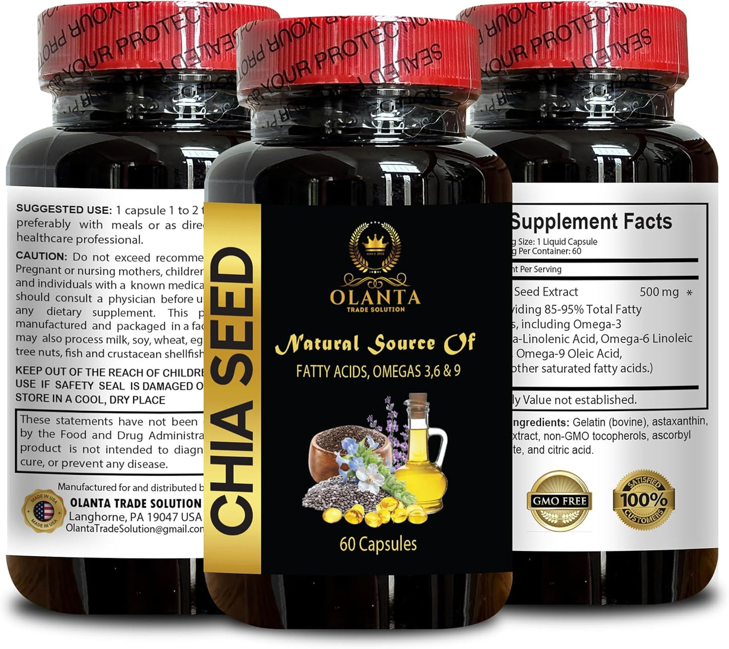 Organic Chia Seed Oil Supplement - Ground Black Chia Seeds, Pure Gluten-Free Chia Seed Oil - 60 Capsules