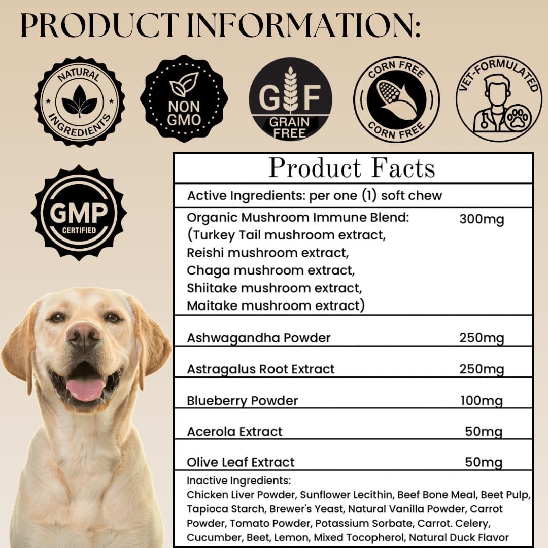 Organic Chicken Flavored Mushroom Supplement for Dogs - Immune Support, Longevity, Joint Health - Grain-Free, 90 Chews