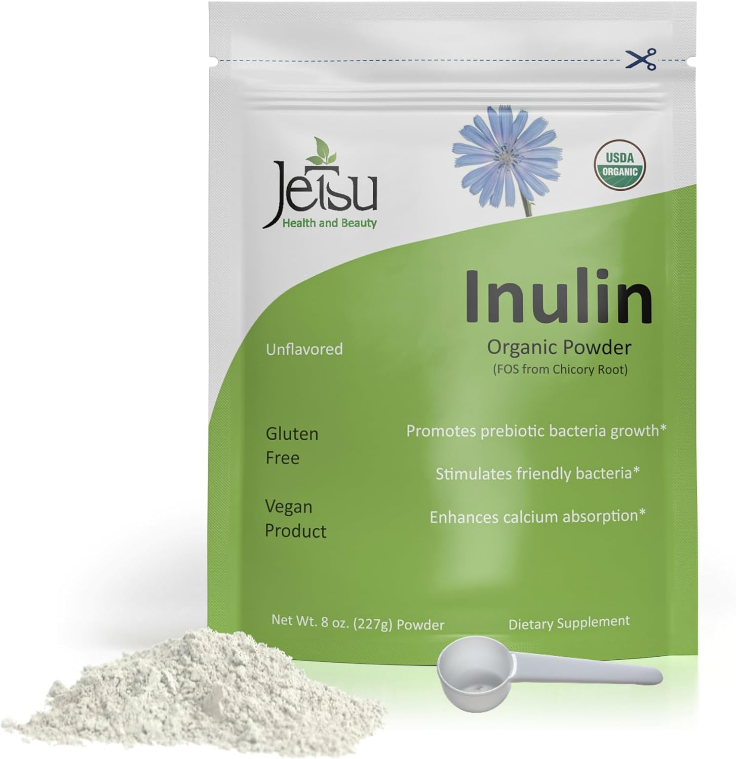 Organic Chicory Root Inulin Powder - Soluble Fiber Prebiotic for Gut Health, Calcium Absorption, Friendly Bacteria, 8oz