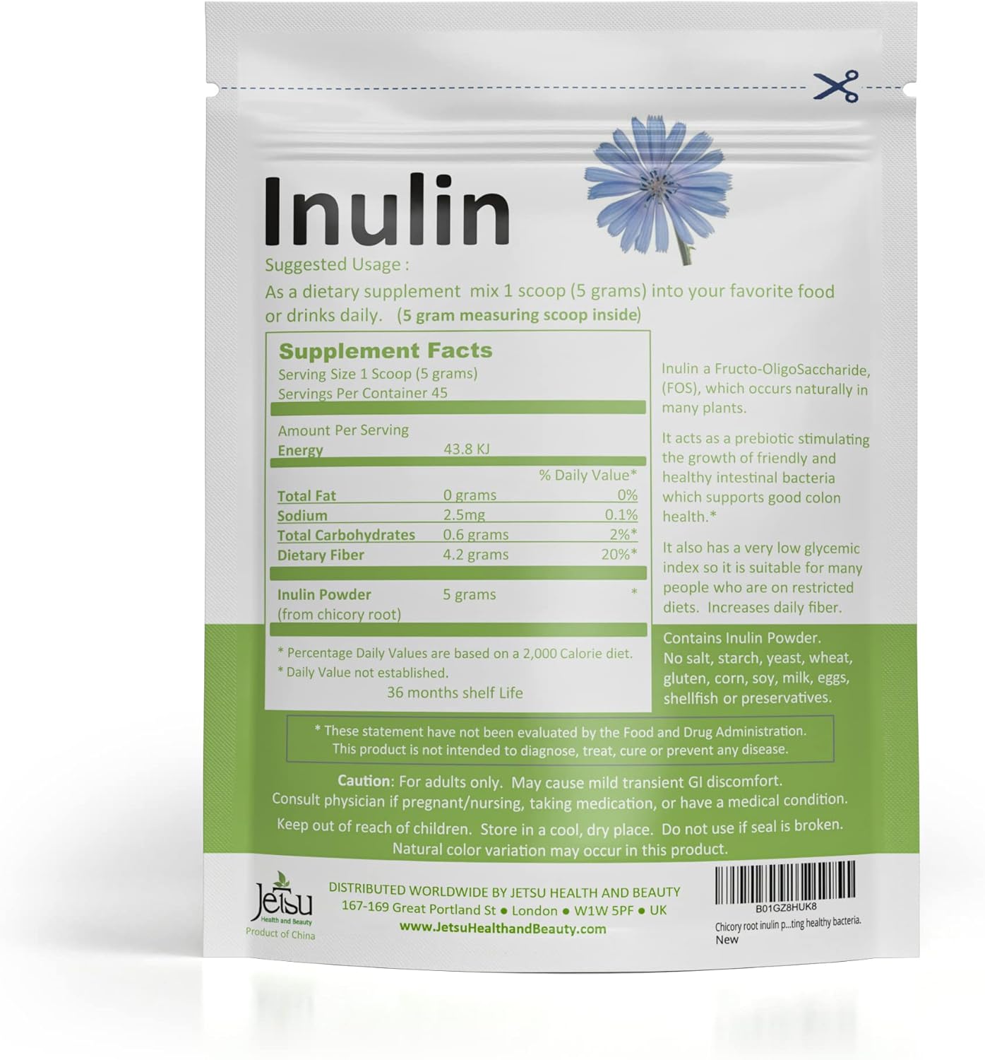 Organic Chicory Root Inulin Powder - Soluble Fiber Prebiotic for Gut Health, Calcium Absorption, Friendly Bacteria, 8oz