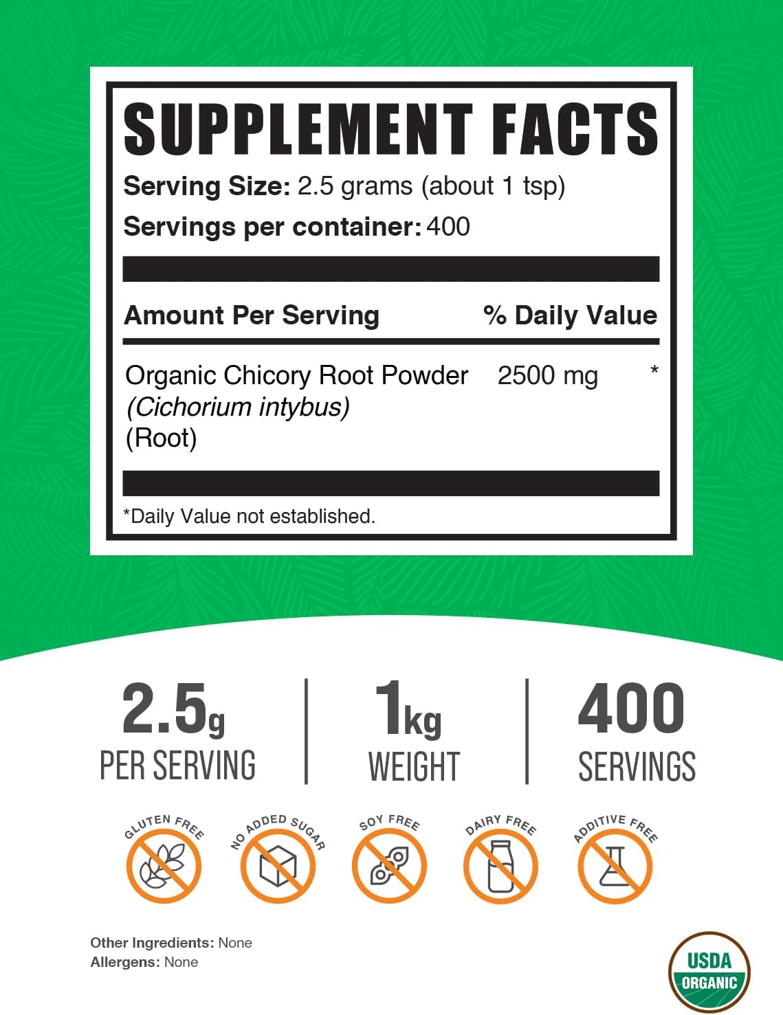 Organic Chicory Root Powder - Fiber Supplement, Coffee Alternative, Gluten Free - 1kg Pack of 1 - BulkSupplements