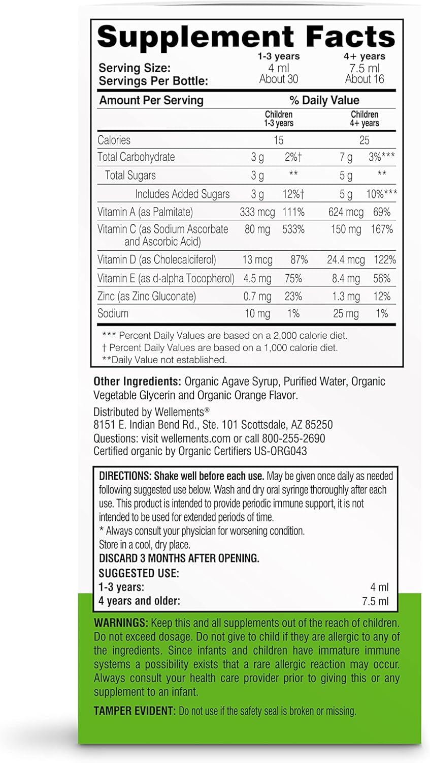 Organic Children's Immune Support Syrup with Vitamin C & Zinc - USDA Certified, Orange Flavor, Free from Allergens & Parabens, 4 fl oz