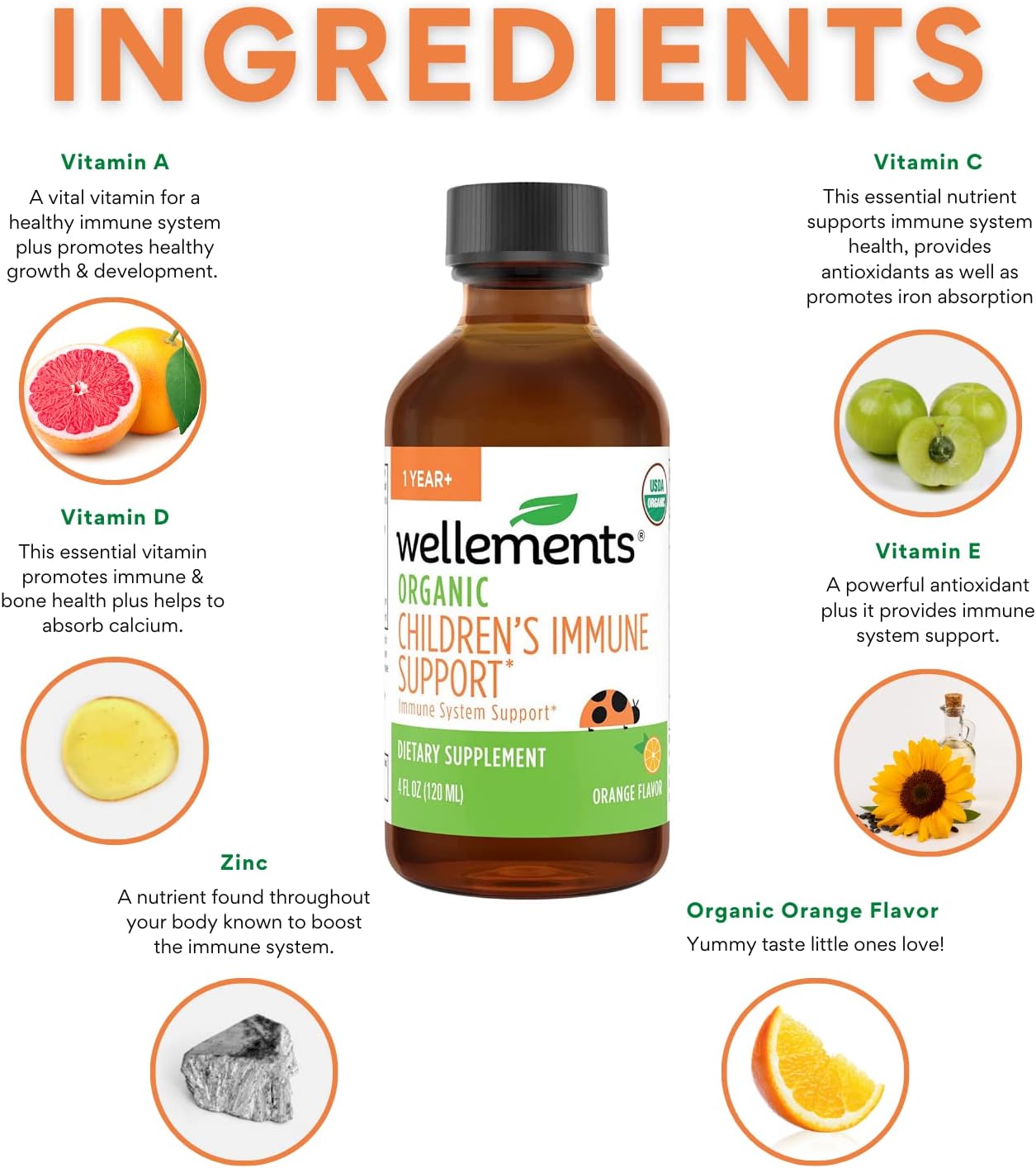 Organic Children's Immune Support Syrup with Vitamin C & Zinc - USDA Certified, Orange Flavor, Free from Allergens & Parabens, 4 fl oz