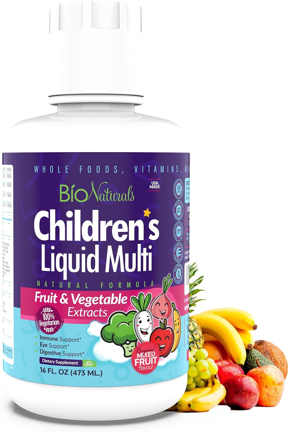 Organic Children's Liquid Multivitamin & Immune Support - All-Natural Supplement for Kids & Toddlers with Essential Vitamins, Fiber, and Antioxidants - 16oz Bottle