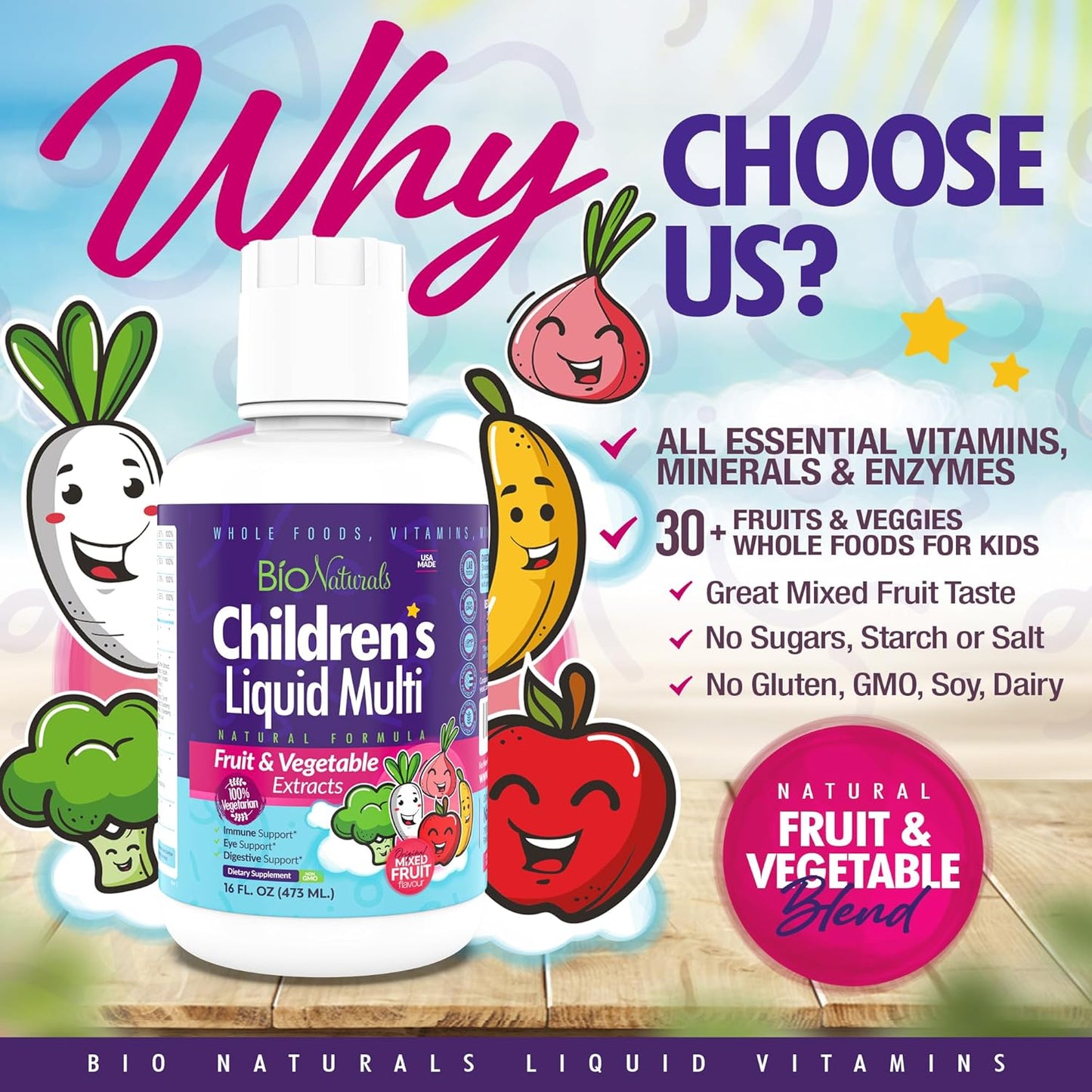Organic Children's Liquid Multivitamin & Immune Support - All-Natural Supplement for Kids & Toddlers with Essential Vitamins, Fiber, and Antioxidants - 16oz Bottle