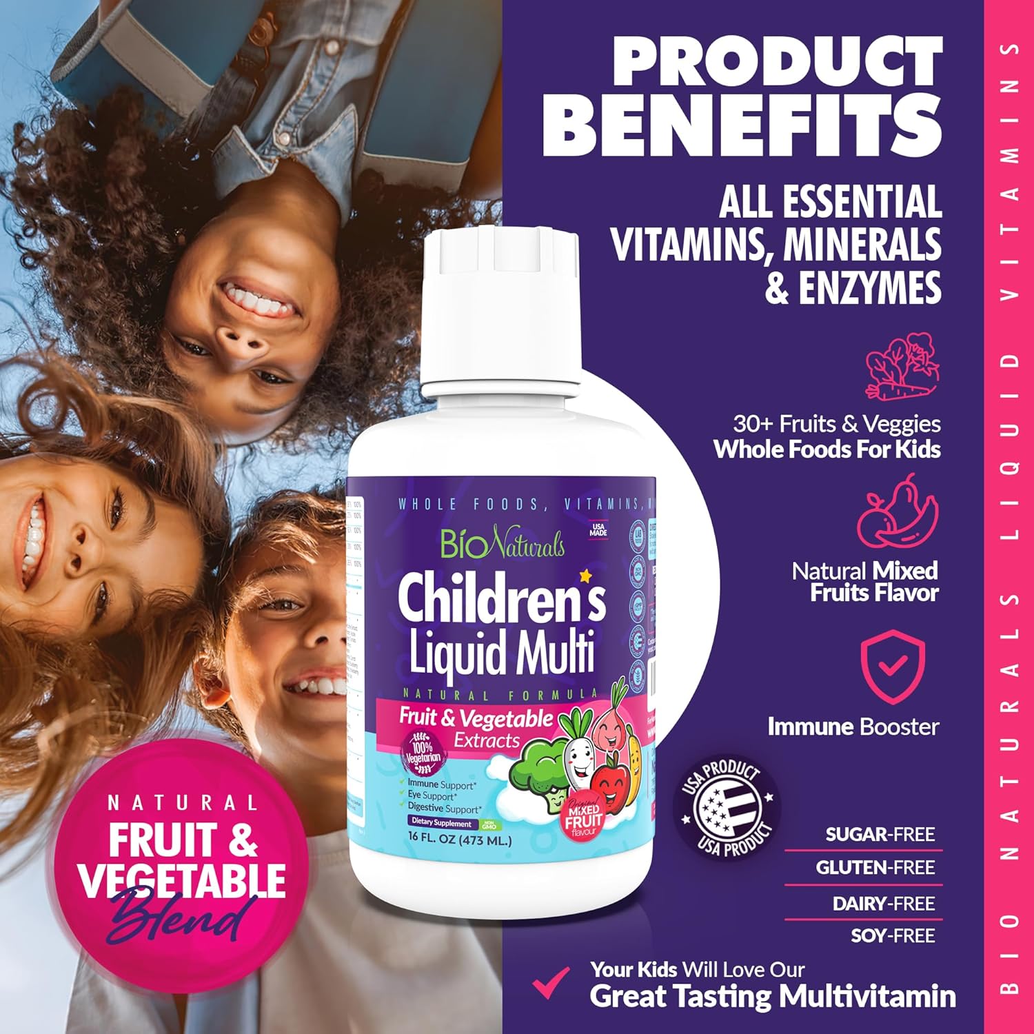 Organic Children's Liquid Multivitamin & Immune Support - All-Natural Supplement for Kids & Toddlers with Essential Vitamins, Fiber, and Antioxidants - 16oz Bottle