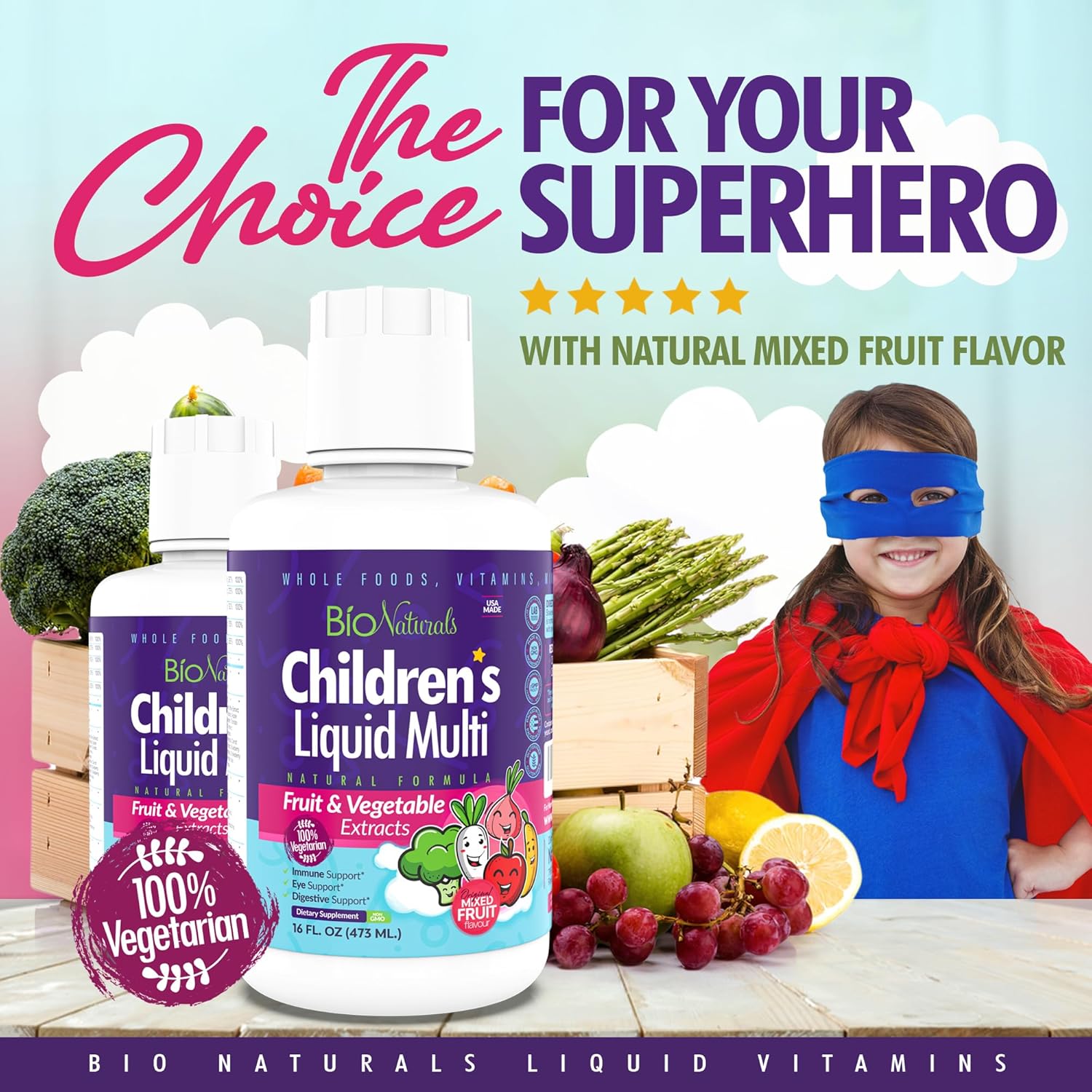 Organic Children's Liquid Multivitamin & Immune Support - All-Natural Supplement for Kids & Toddlers with Essential Vitamins, Fiber, and Antioxidants - 16oz Bottle