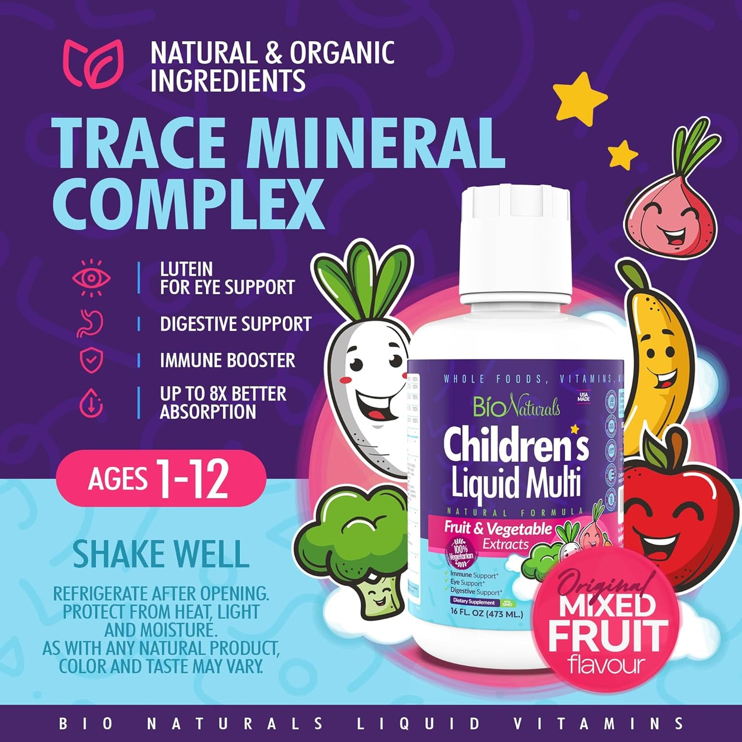 Organic Children's Liquid Multivitamin & Immune Support - All-Natural Supplement for Kids & Toddlers with Essential Vitamins, Fiber, and Antioxidants - 16oz Bottle