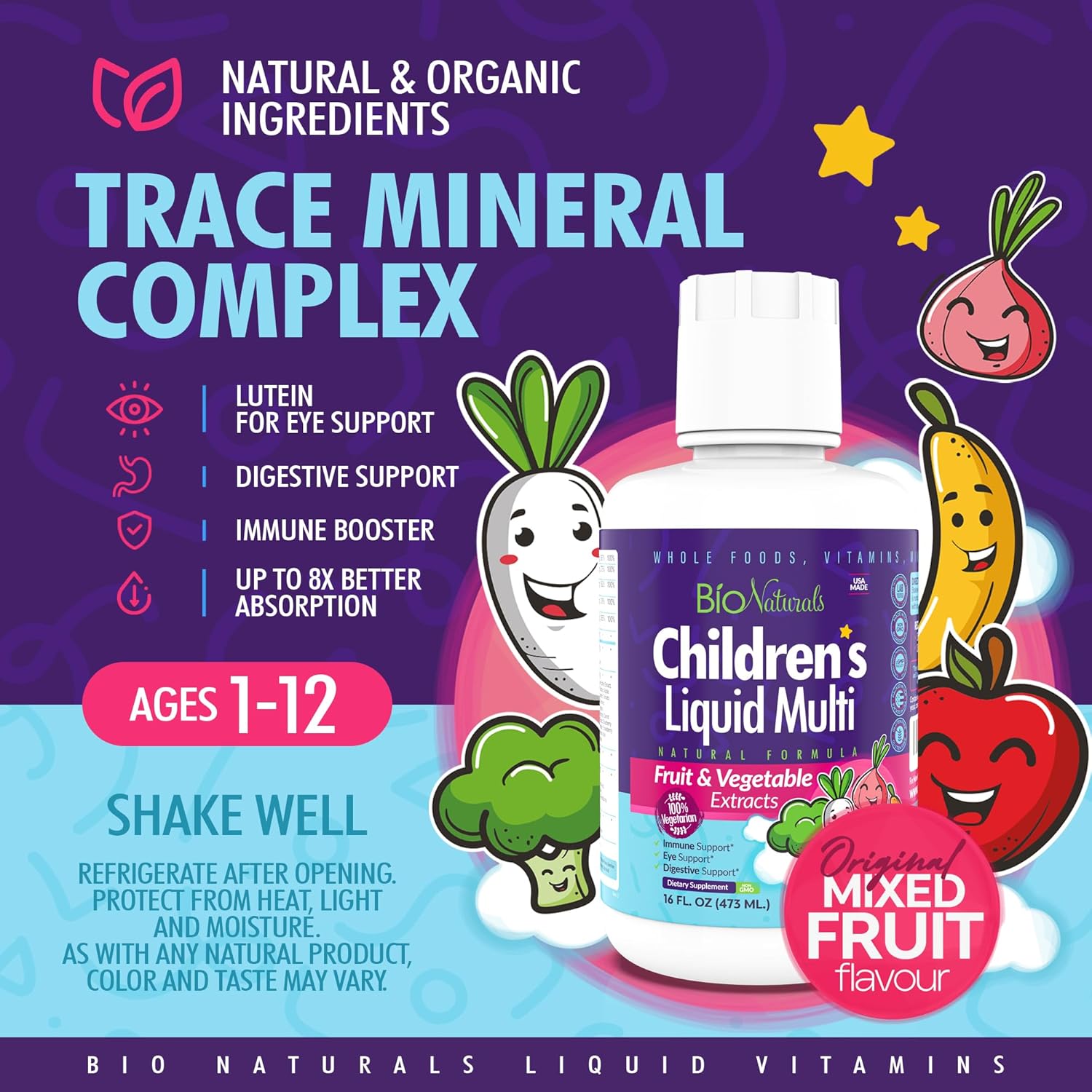 Organic Children's Liquid Multivitamin & Immune Support - All-Natural Supplement for Kids & Toddlers with Essential Vitamins, Fiber, and Antioxidants - 16oz Bottle
