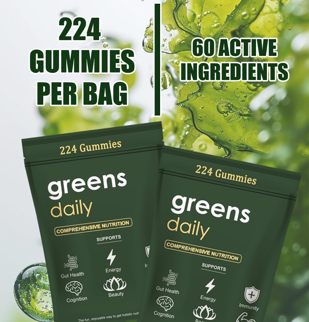 Organic Chlorella and Spirulina Gummies for Digestive & Gut Health - Super Greens Packets with Multi-Fruits Vegetables - 224 Gummy Bears