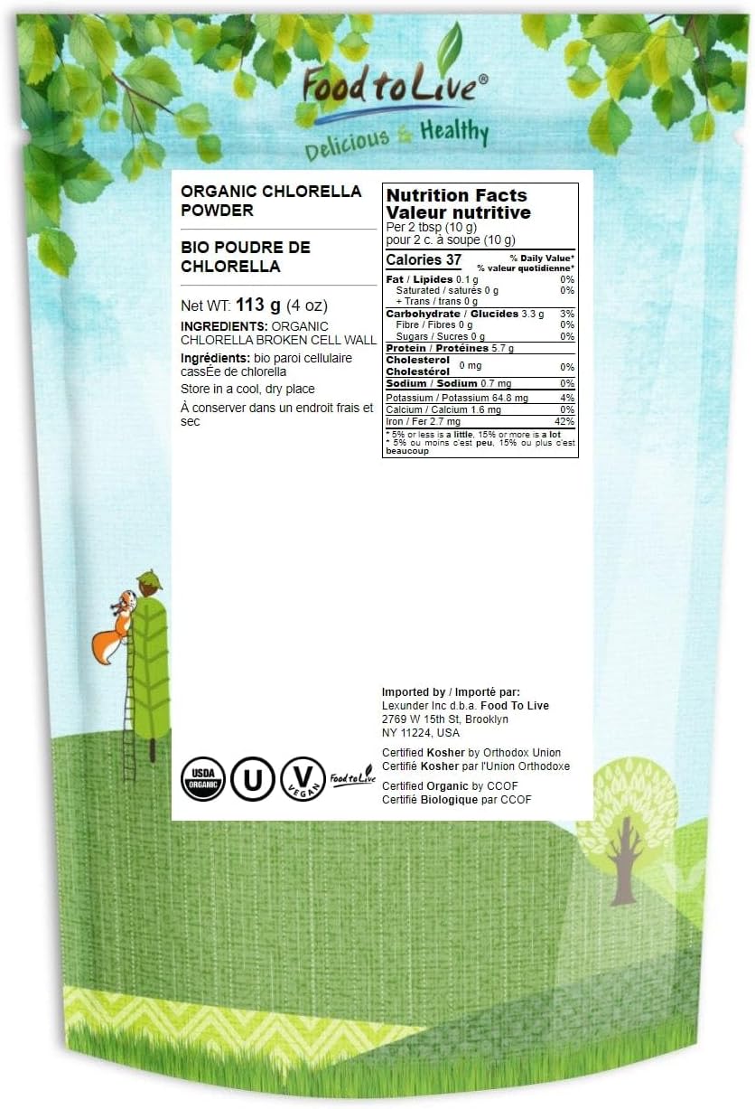 Organic Chlorella Powder 4oz - Non-GMO Raw Green Algae Superfood - Vegan Protein Rich in Vitamins & Minerals - Great for Drinks - Broken Cell Wall - Kosher