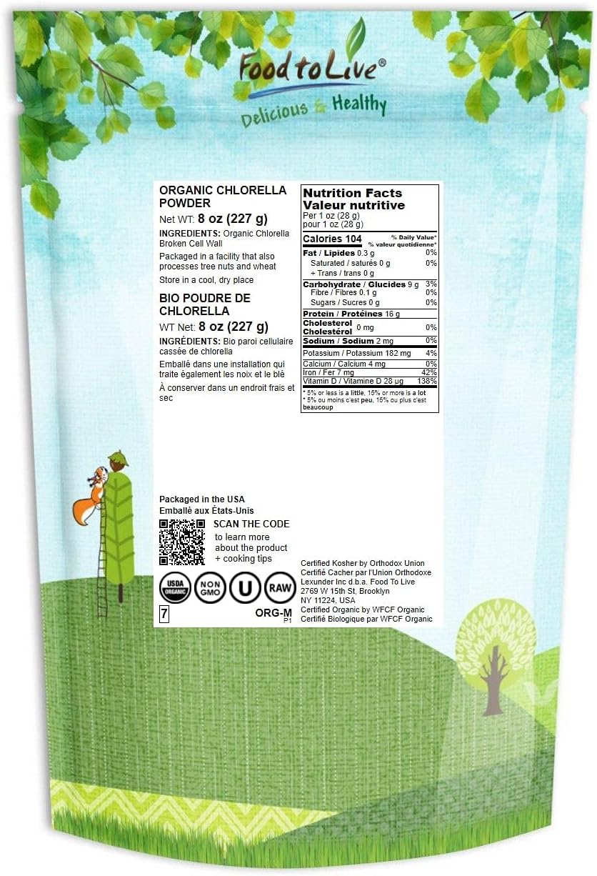Organic Chlorella Powder 8 oz - Non-GMO Vegan Superfood Rich in Vitamins & Minerals, Great for Drinks