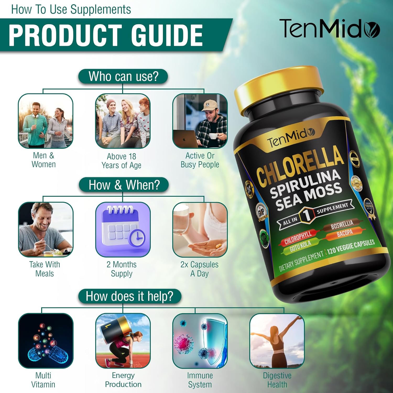 Organic Chlorella Supplement with Spirulina, Sea Moss, and More - Immune Support - 120 Capsules for Men and Women