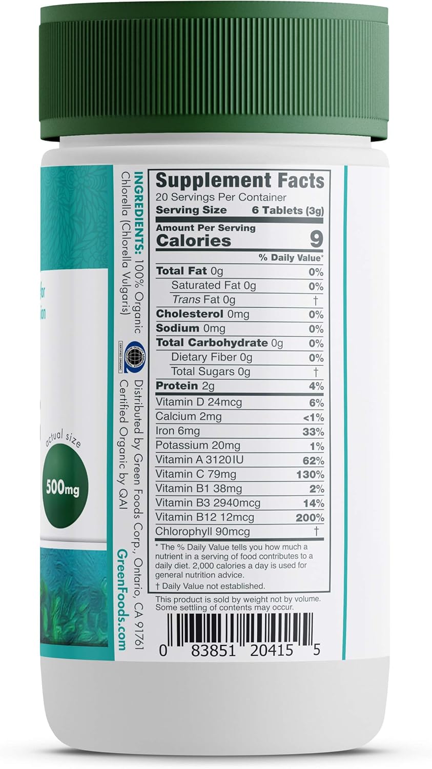 Organic Chlorella Tablets - 500mg, 120 Count - Green Foods - BoostGo Australia