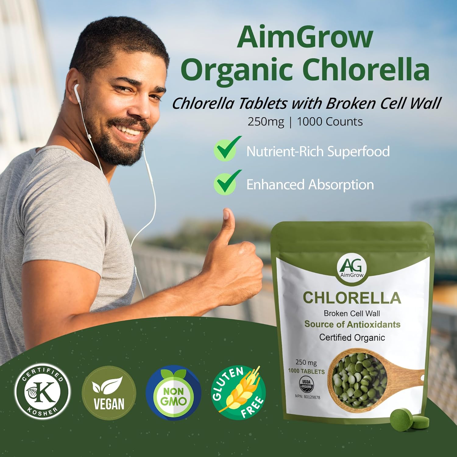 Organic Chlorella Tablets with Broken Cell Wall, 1000 Count, 250mg - Canada Organic
