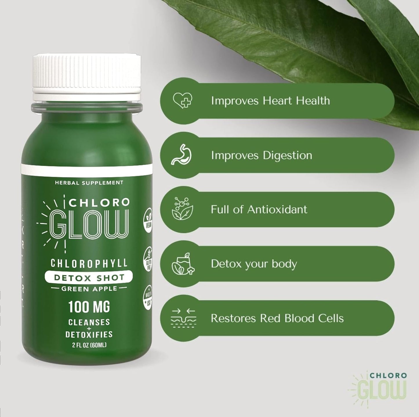 Organic Chloroglow Liquid Chlorophyll Shots - Boost Energy, Strengthen Immune System, Cleanse & Detoxify - Natural Plant Based Drink (12 pack)