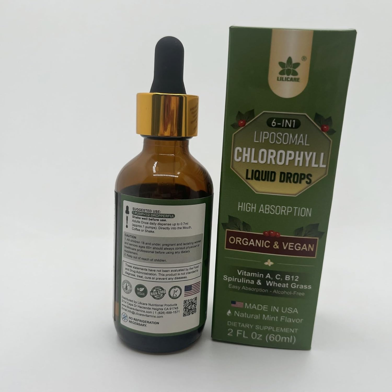 Organic Chlorophyll Liquid Drops with Spirulina & Wheat Grass - Superfood for Women & Men, 6-in-1 Greens with Vitamins A, C, B12 - Natural Mint Flavor - 2 Fl Oz, 1 Pack