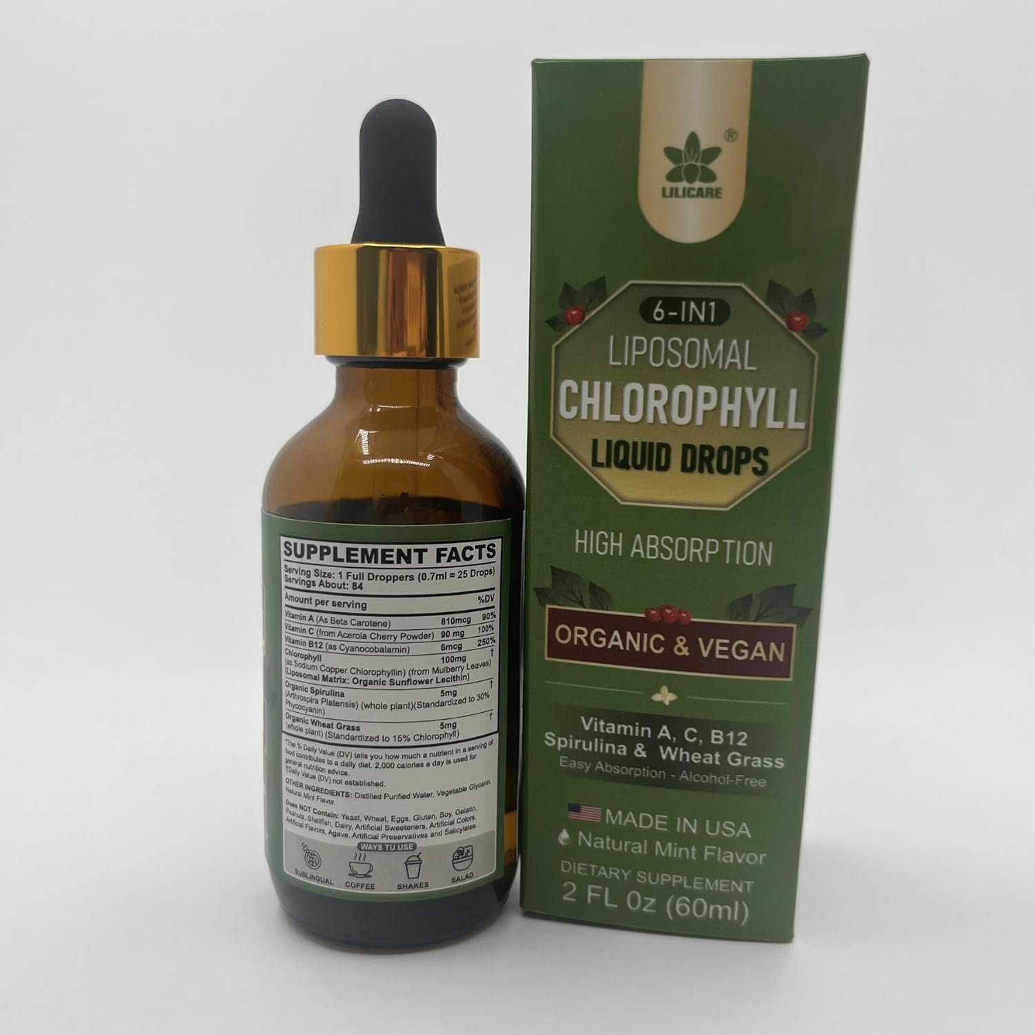 Organic Chlorophyll Liquid Drops with Spirulina & Wheat Grass - Superfood for Women & Men, 6-in-1 Greens with Vitamins A, C, B12 - Natural Mint Flavor - 2 Fl Oz, 1 Pack