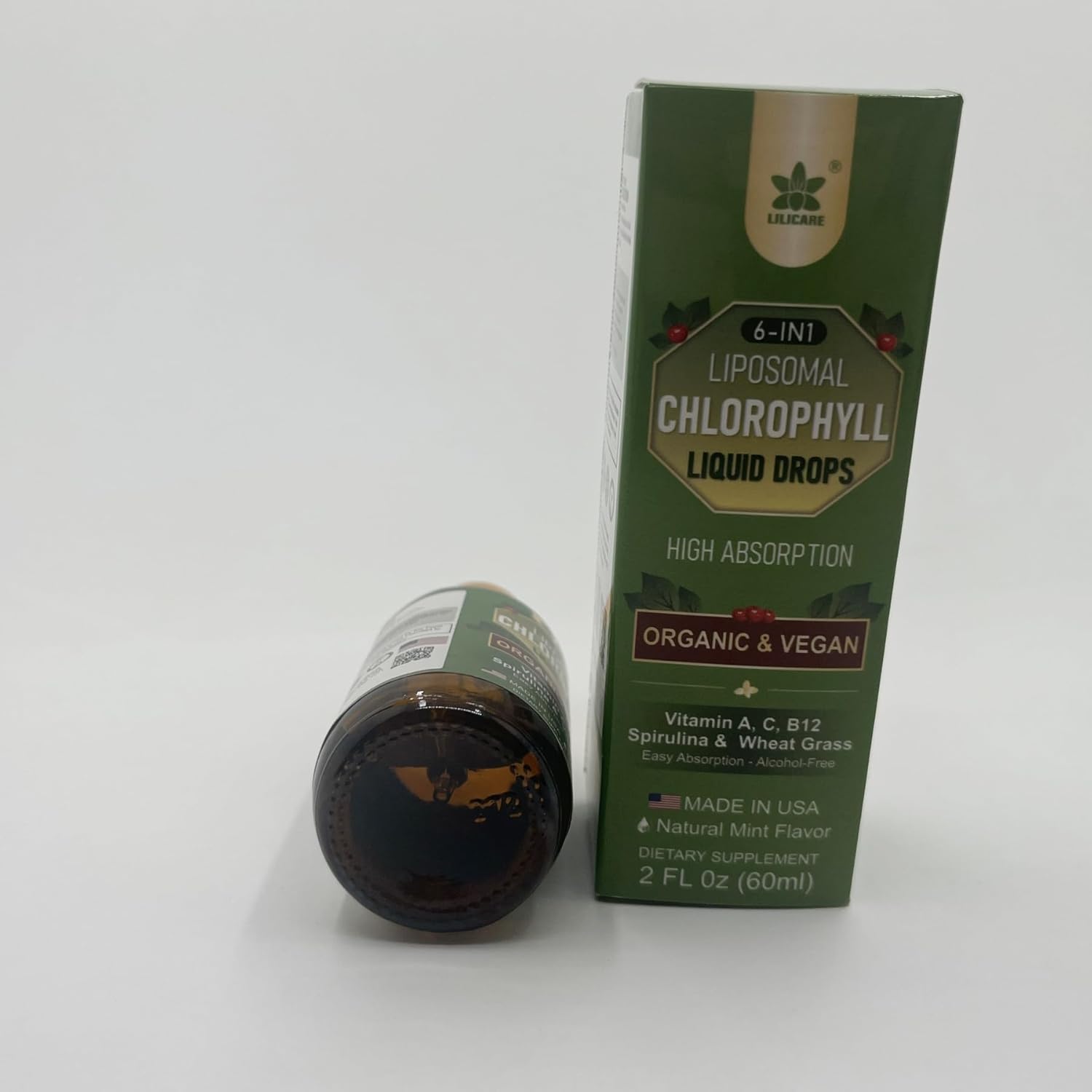 Organic Chlorophyll Liquid Drops with Spirulina & Wheat Grass - Superfood for Women & Men, 6-in-1 Greens with Vitamins A, C, B12 - Natural Mint Flavor - 2 Fl Oz, 1 Pack