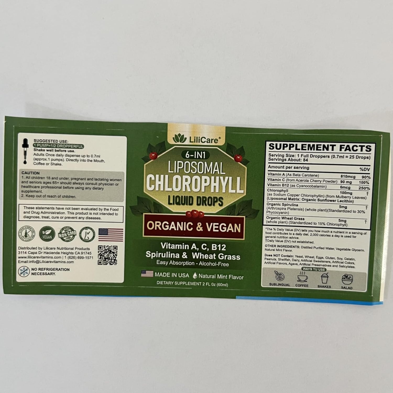 Organic Chlorophyll Liquid Drops with Spirulina & Wheat Grass - Superfood for Women & Men, 6-in-1 Greens with Vitamins A, C, B12 - Natural Mint Flavor - 2 Fl Oz, 1 Pack