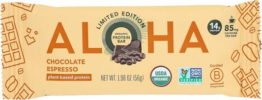 Organic Chocolate Espresso Protein Bars, 14g Plant-Based Protein, 85mg Caffeine, USDA Certified, Gluten Free, Non-GMO - Pack of 12