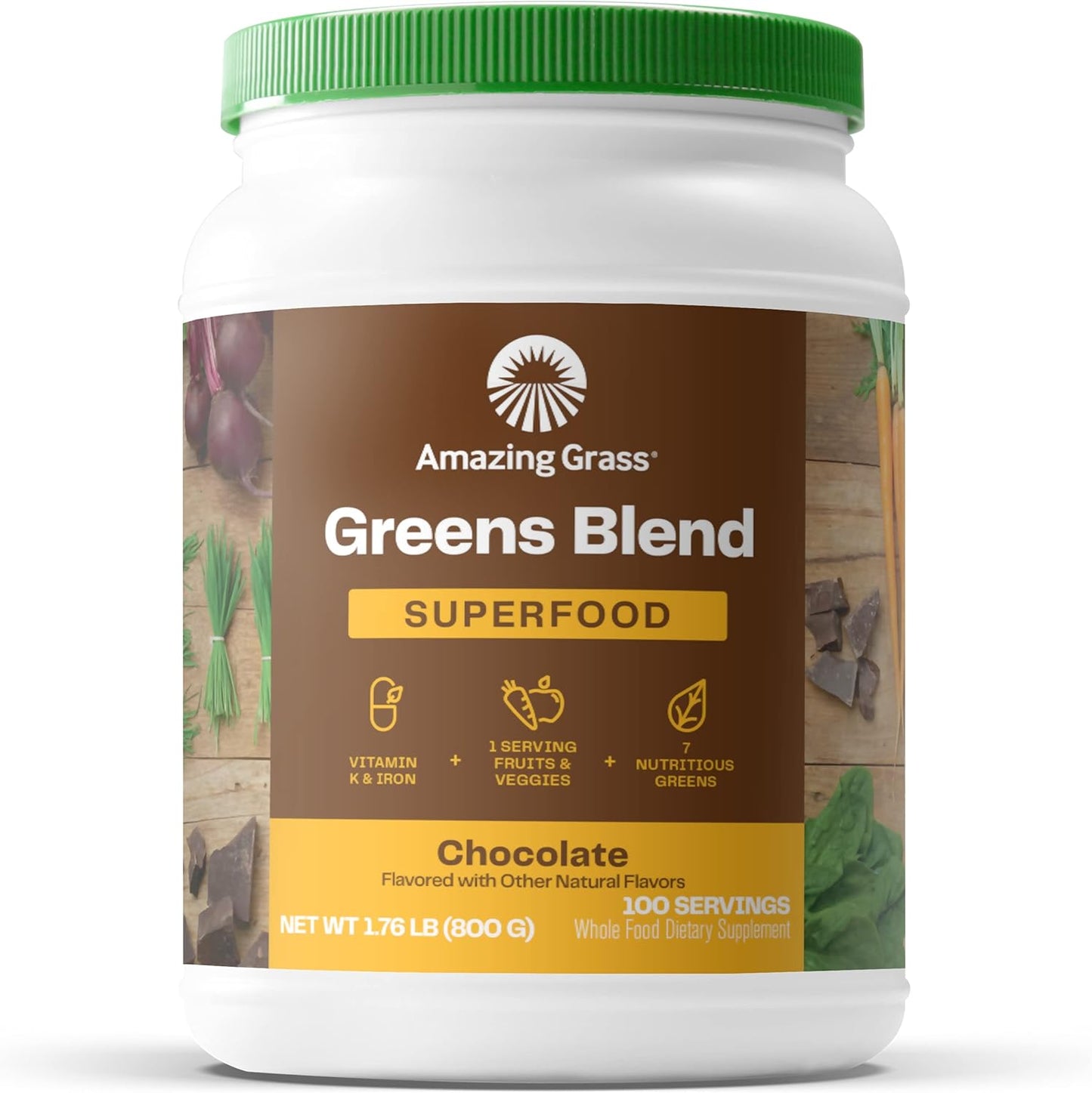 Organic Chocolate Greens Superfood Powder with Digestive Enzymes & Probiotics - 100 Servings
