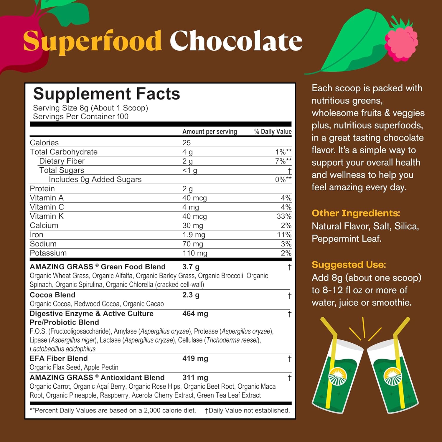 Organic Chocolate Greens Superfood Powder with Digestive Enzymes & Probiotics - 100 Servings
