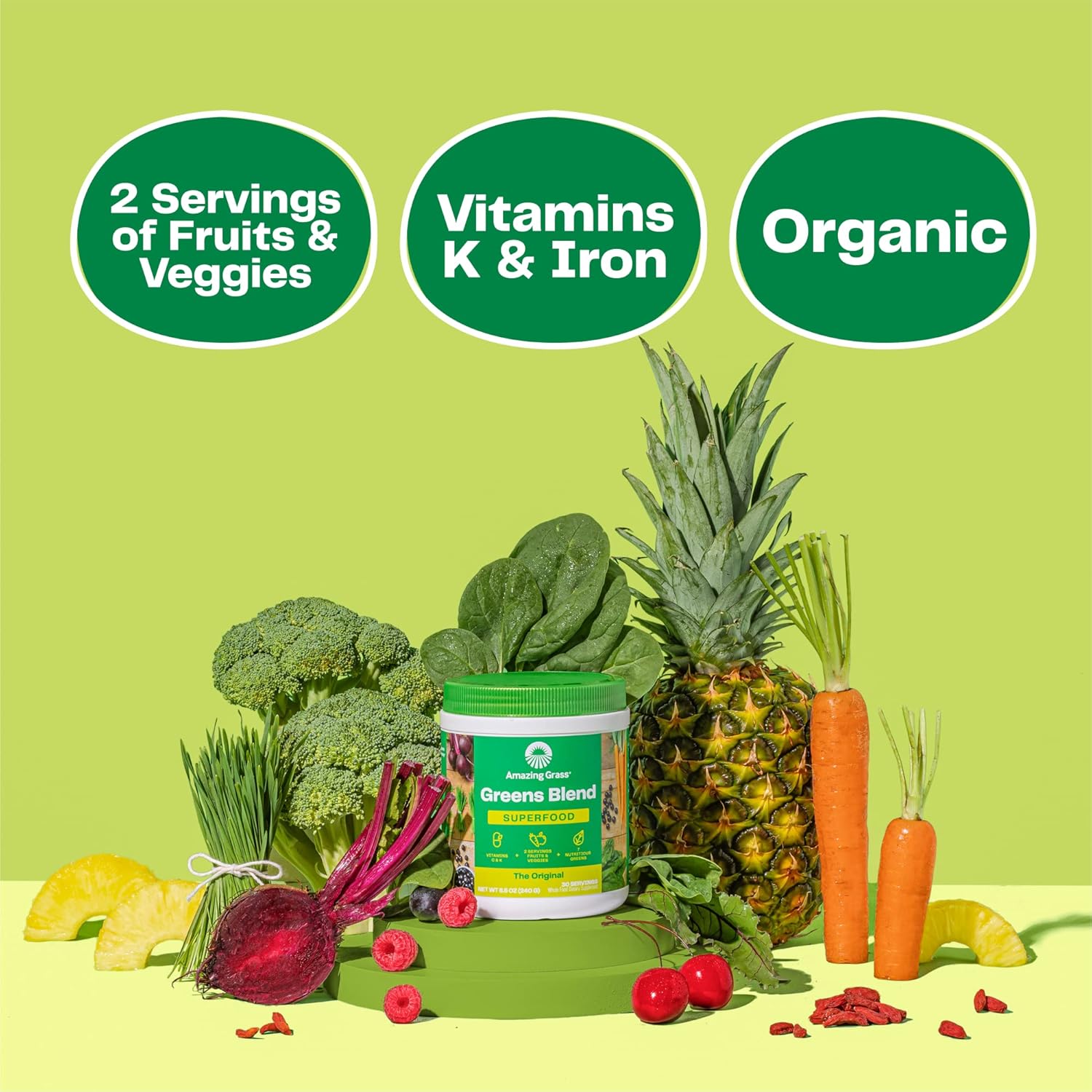 Organic Chocolate Greens Superfood Powder with Probiotics & Enzymes, Spirulina, Chlorella, Beet Root - 60 Servings