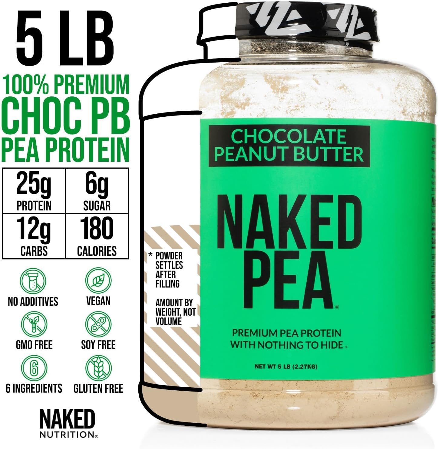 Organic Chocolate Peanut Butter Protein Powder - Made with Naked Pea Protein from US & Canadian Farms, GMO-Free, Soy-Free, Gluten-Free - 52 Servings