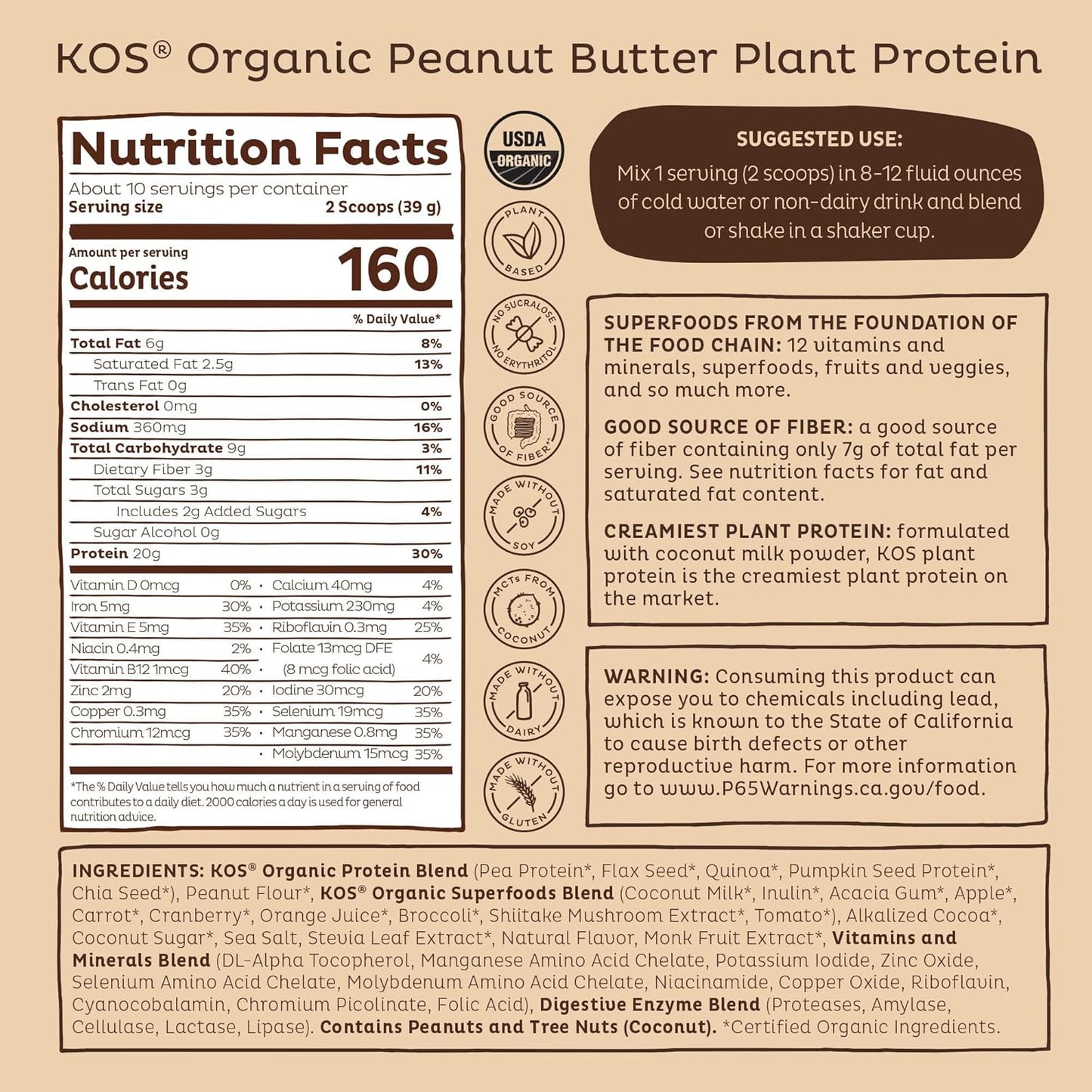 Organic Chocolate Peanut Butter Vegan Protein Powder - Low Carb Blend with Vitamins & Minerals - Keto, Soy, Dairy Free - 10 Servings