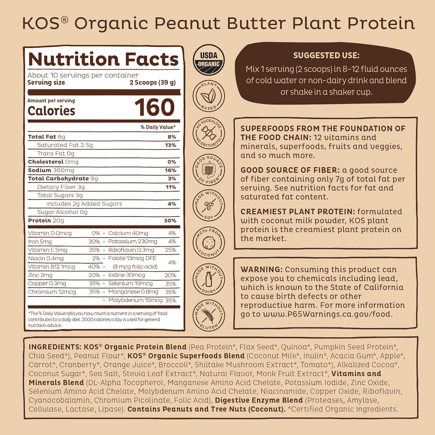 Organic Chocolate Peanut Butter Vegan Protein Powder - Low Carb Blend with Vitamins & Minerals - Keto, Soy, Dairy Free - 10 Servings