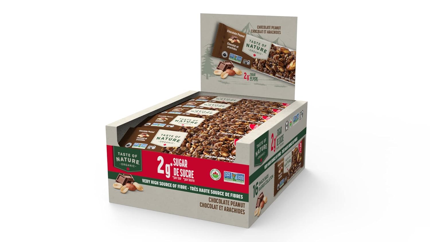 Organic Chocolate Peanut Energy Bars - Low Sugar, High Fiber Snack - 16 Count Pack