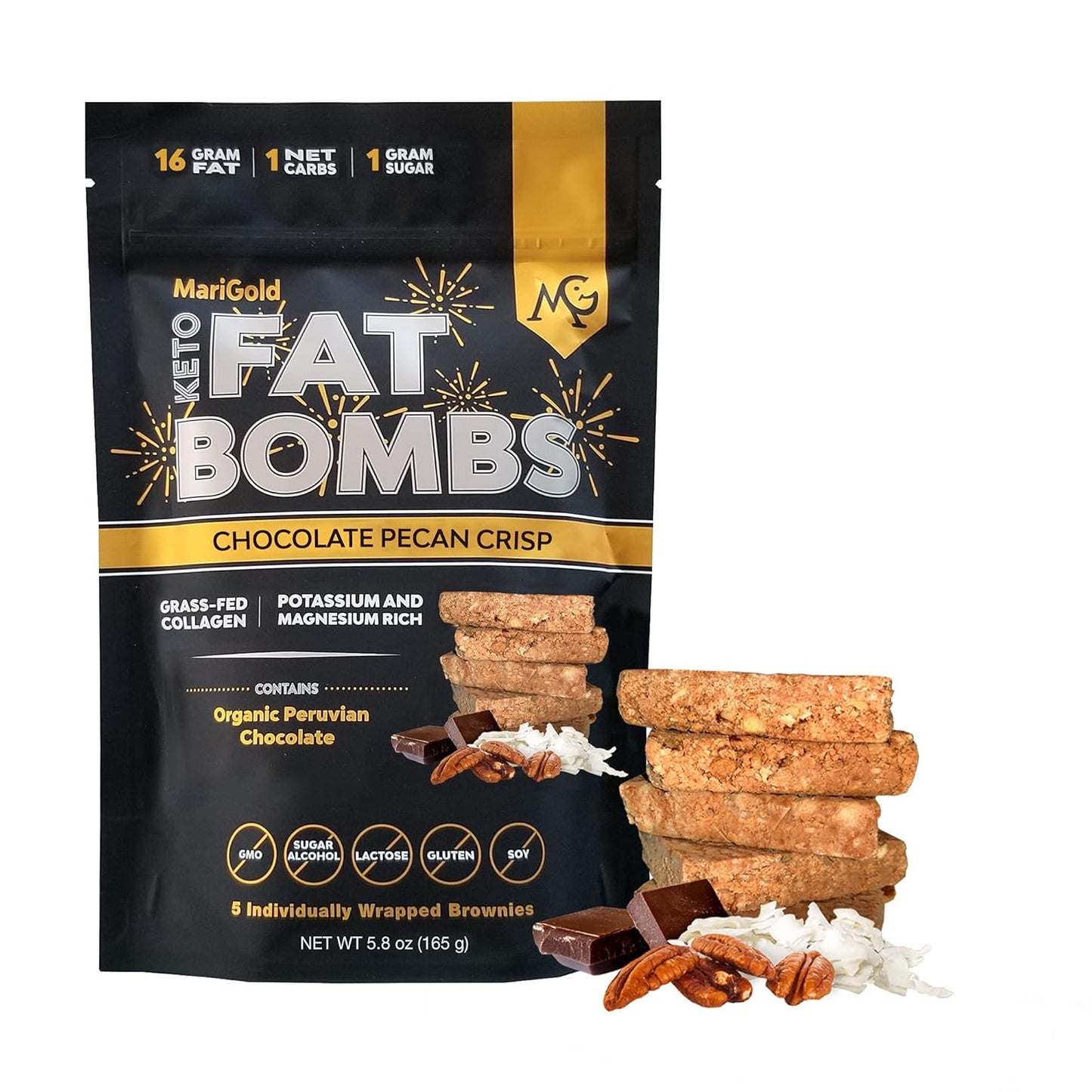 Organic Chocolate Pecan Crisp Keto Fat Bombs Snacks - Low Carb, Collagen Rich, Grass-fed Ghee - Gluten-Free, Non-GMO - 5 Servings