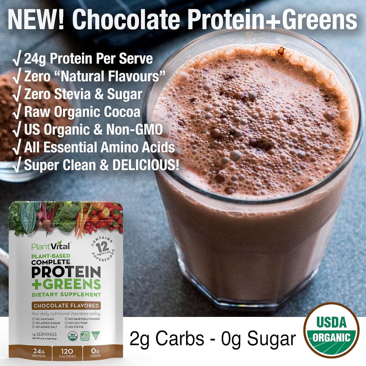 Organic Chocolate Vegan Protein Powder with Superfoods, Probiotics, and Veggies - 24g Protein, 0g Sugar, Gluten-Free - 16oz - BoostGo Australia