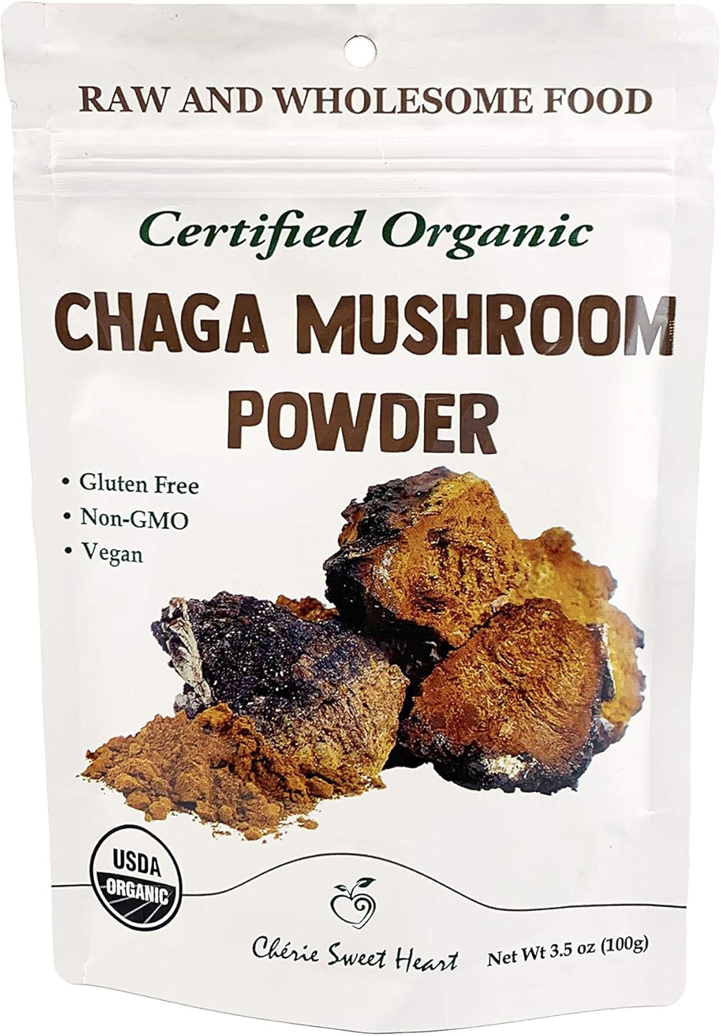 Organic Chérie Sweet Heart Chaga Mushroom Powder - 100% Pure, USDA Certified - 3.5 oz