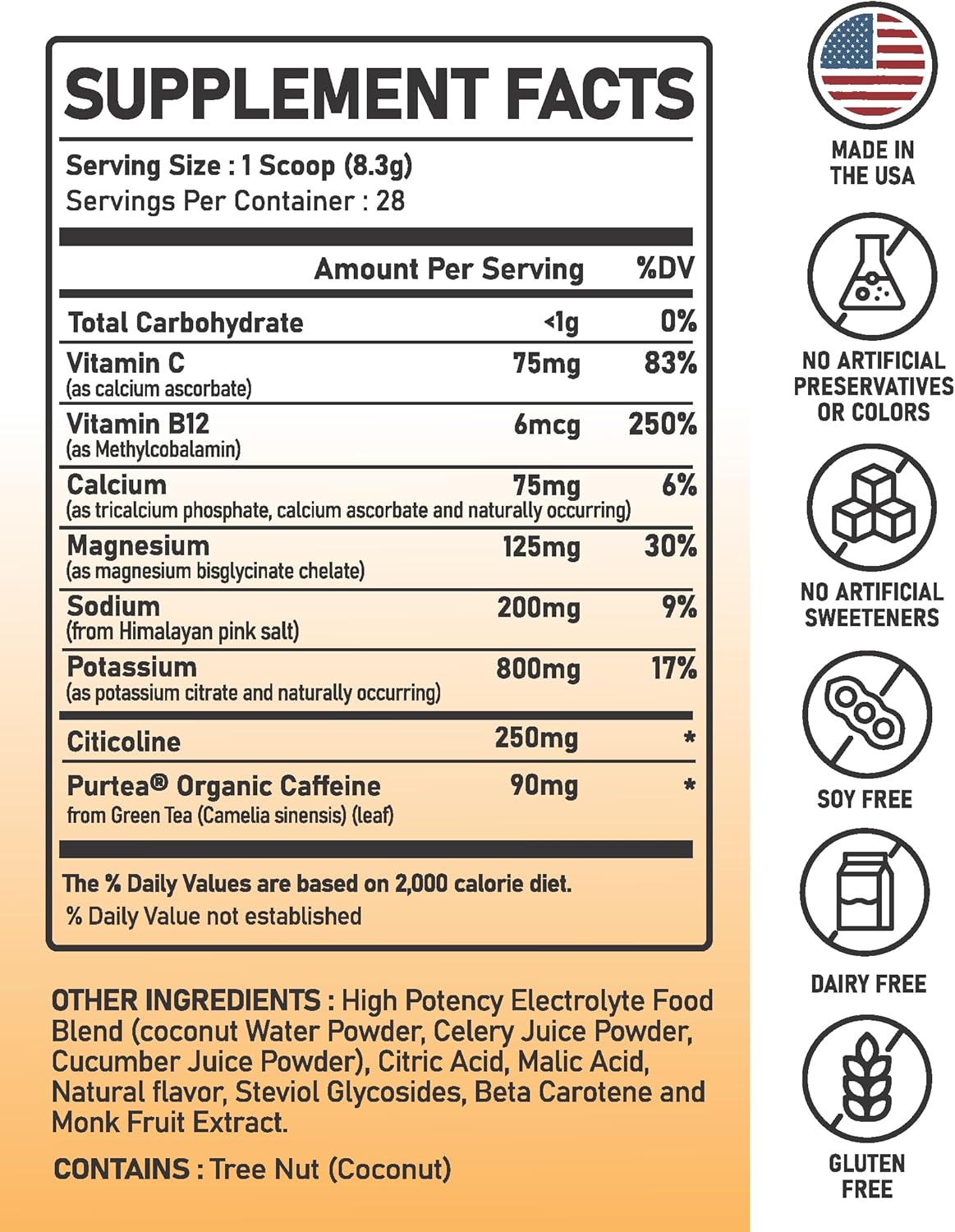 Organic Citicoline & Caffeine Nootropic Electrolyte with B12 for Cognitive Enhancement and Hydration - Made in USA