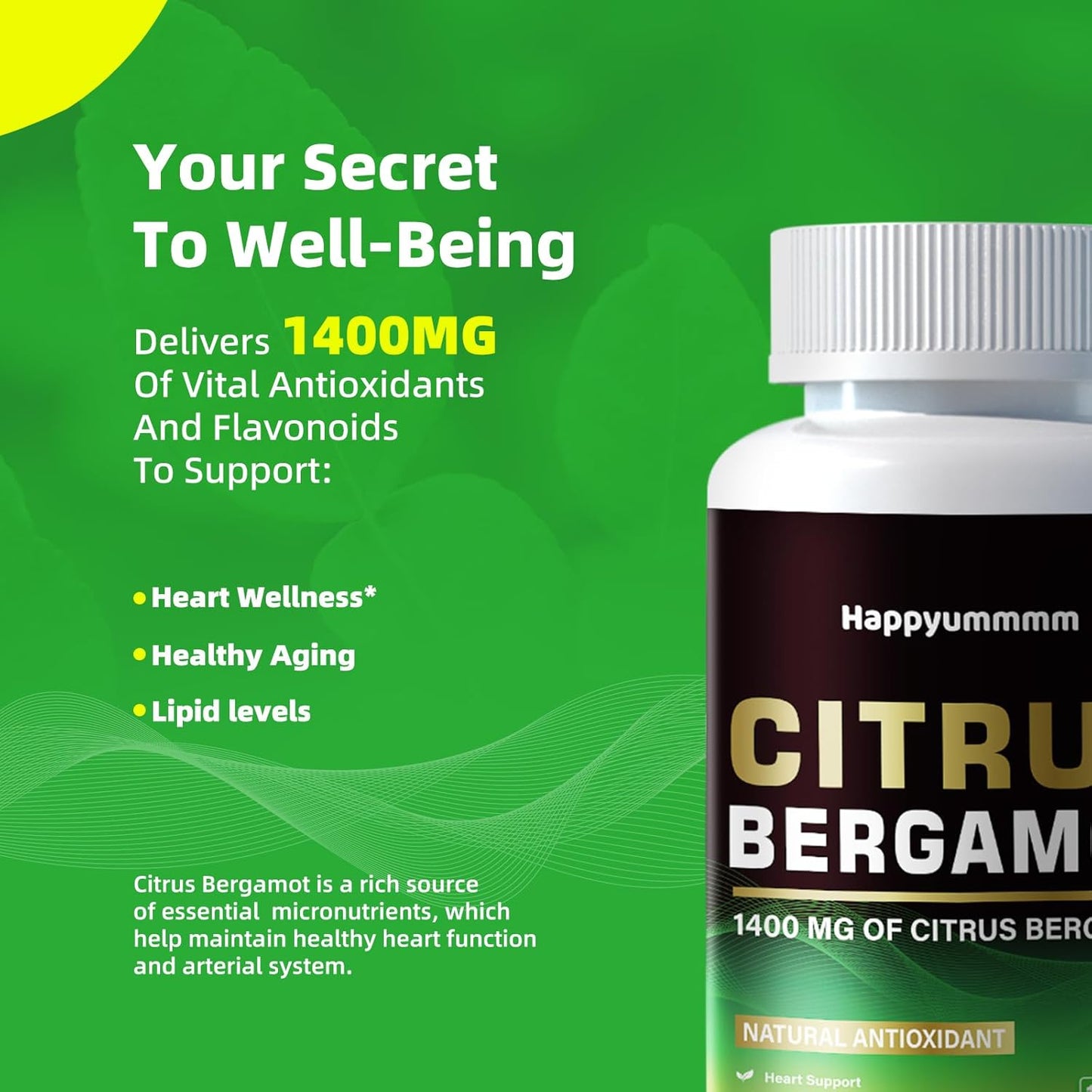 Organic Citrus Bergamot 1400mg Capsules with Essential Oil and Bioflavonoids for Heart Health - Non-GMO Supplement