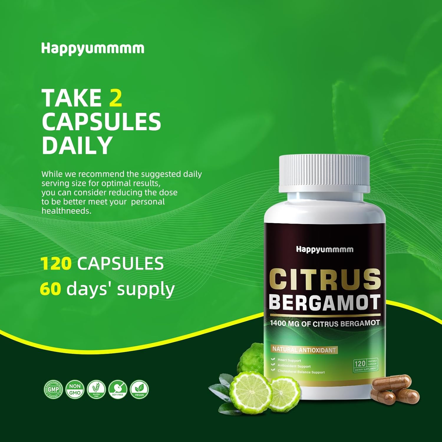 Organic Citrus Bergamot 1400mg Capsules with Essential Oil and Bioflavonoids for Heart Health - Non-GMO Supplement