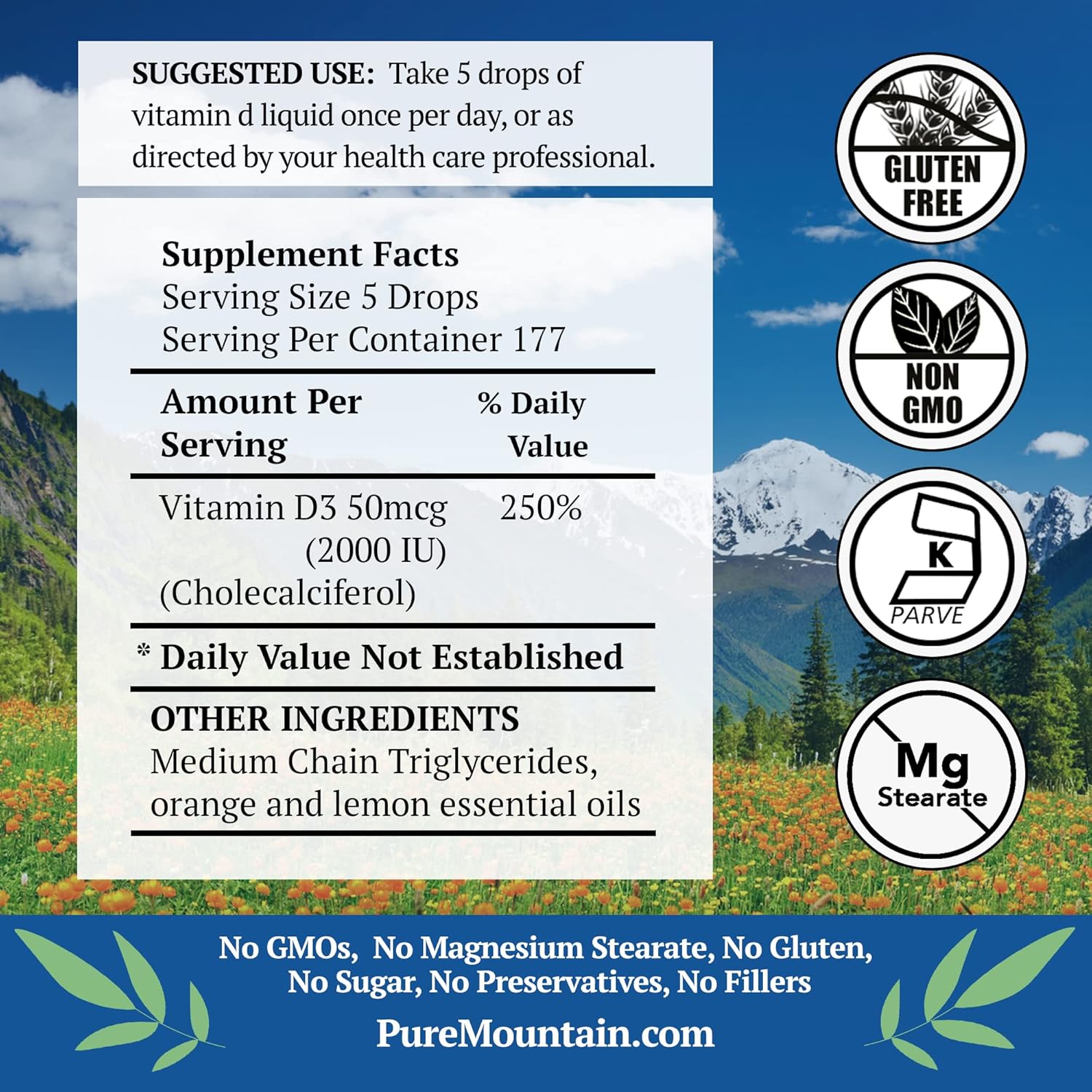 Organic Citrus Flavored Vitamin D Drops - Liquid D3 Supplement 2000iu - 1oz Bottle by Pure Mountain Botanicals
