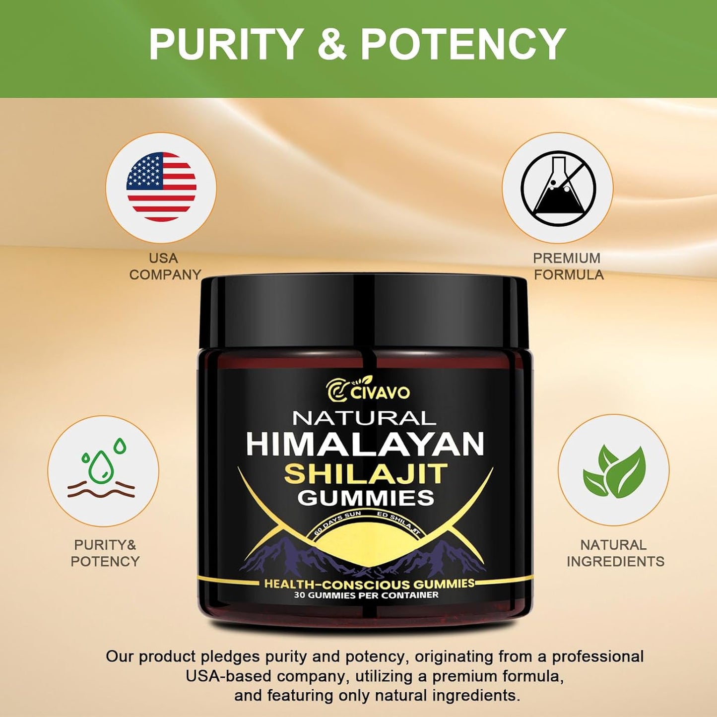 Organic Civavo Himalayan Shilajit Gummies for Energy & Strength - 30 Count