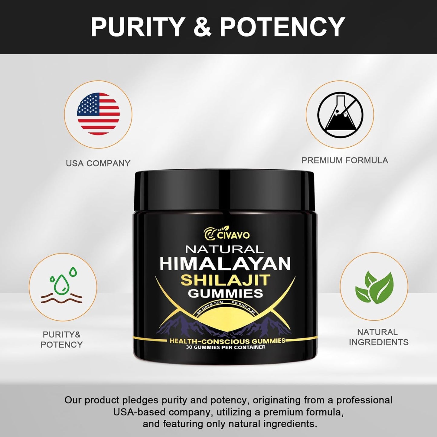 Organic Civavo Himalayan Shilajit Gummies for Energy & Strength - 30 Count