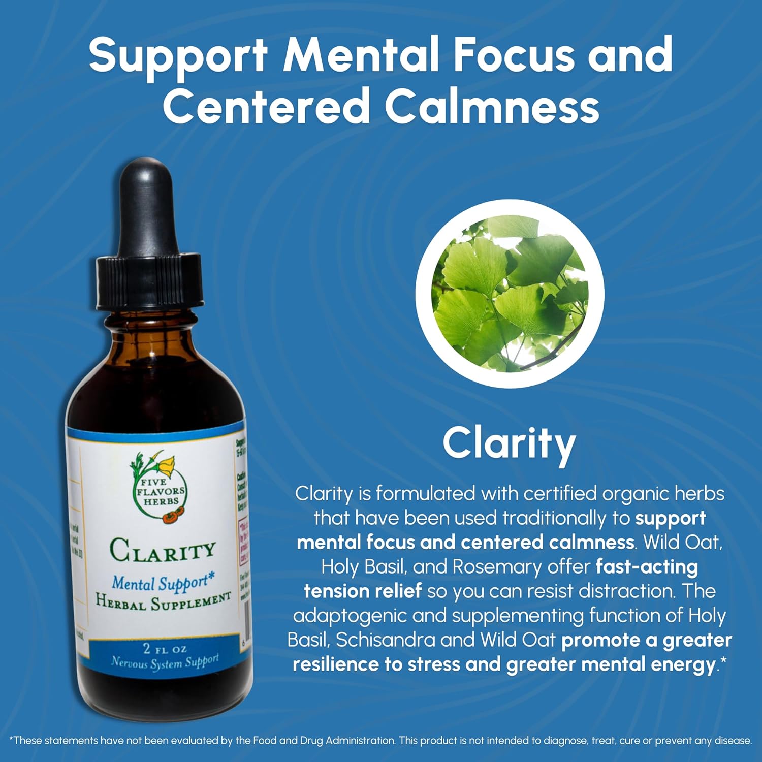 Organic Clarity Tincture with Five Flavors Herbs for Brain and Vascular System Support - 2 Fl Oz Bottle