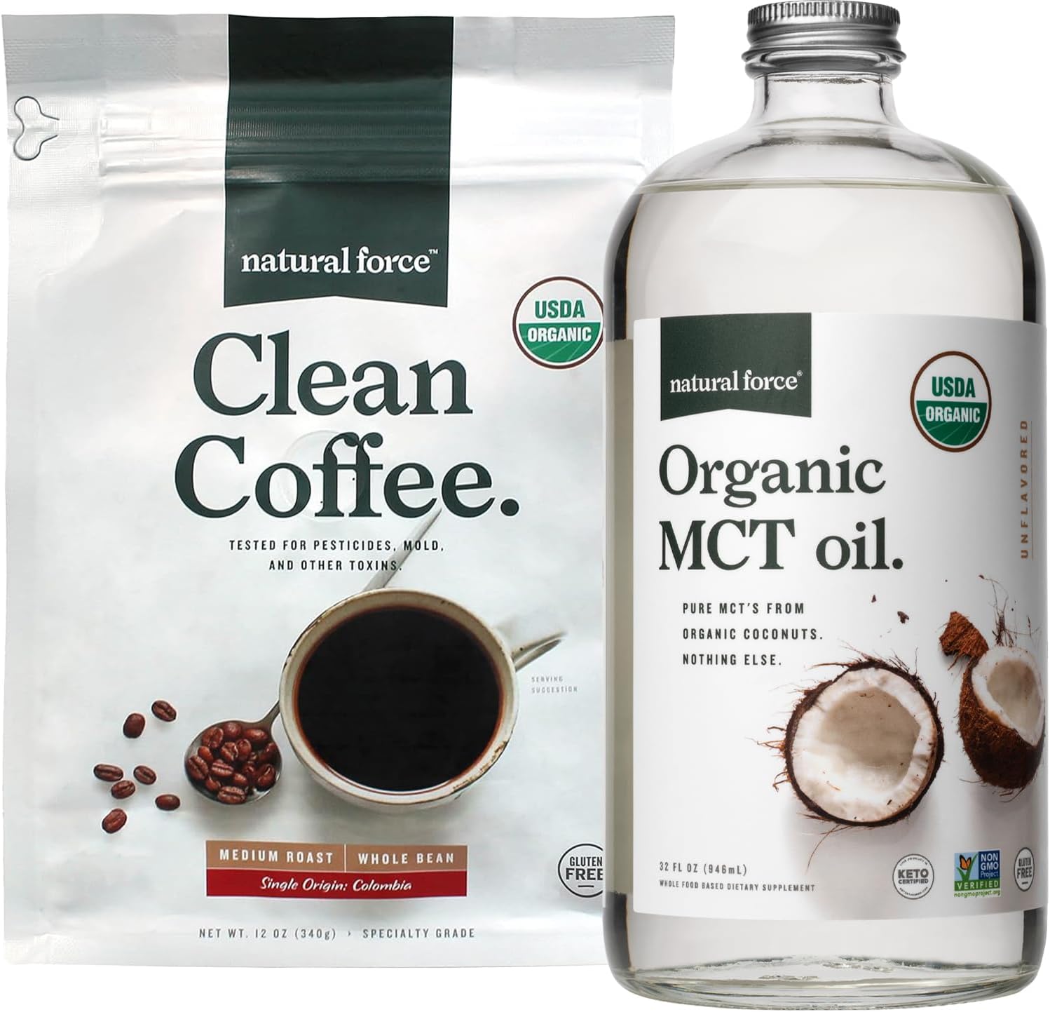 Organic Clean Coffee and MCT Oil Bundle - Pure Coconut MCTs, Mold & Mycotoxin Free - Non-GMO, Keto, Paleo, Vegan - 12 Oz Bag, 32 Oz Bottle