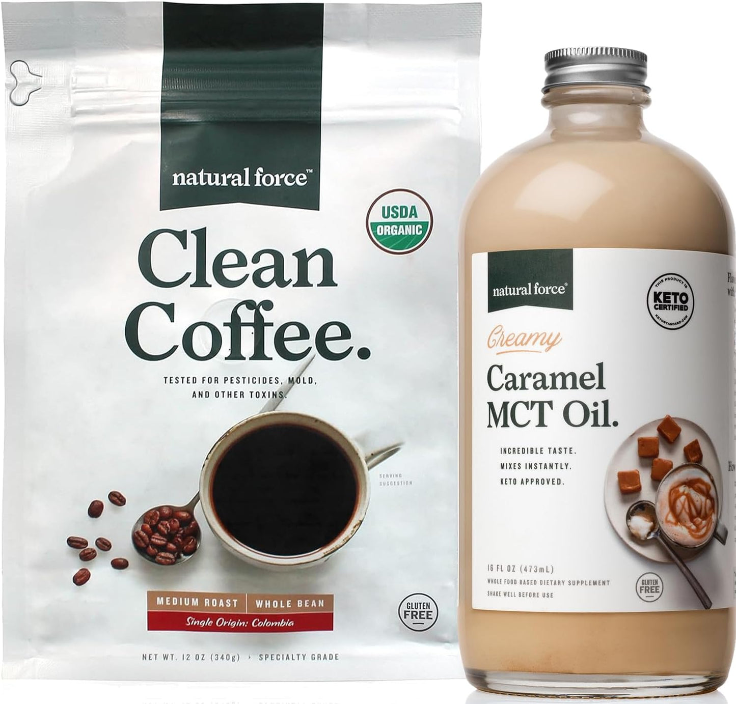 Organic Clean Coffee & Caramel MCT Oil Bundle - Emulsified Creamer, Mold & Mycotoxin Free - Non-GMO, Keto, Paleo, Vegan - 12 Oz Coffee, 16 Oz MCT Oil