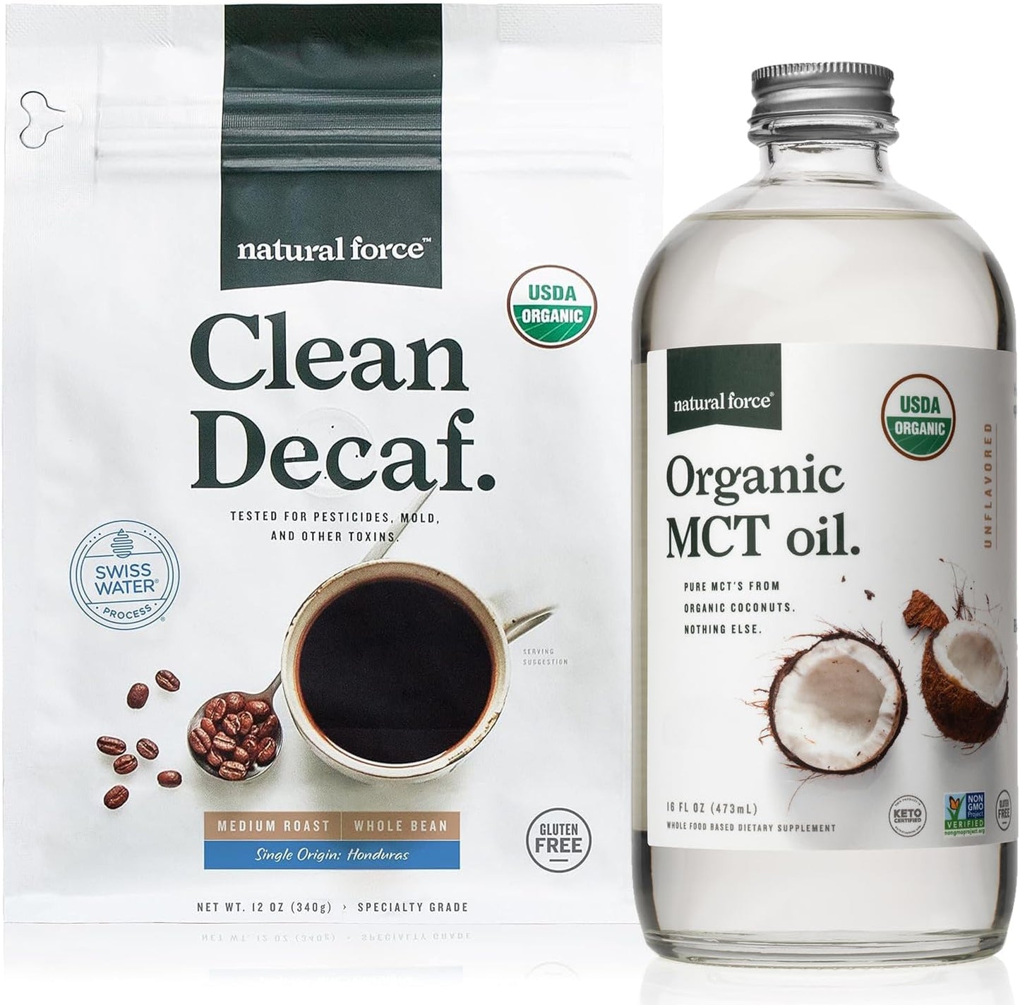Organic Clean Decaf Coffee & MCT Oil Bundle - Pure Coconut MCTs, Mold-Free Coffee - Non-GMO, Keto, Paleo, Vegan - 12 Oz & 16 Oz